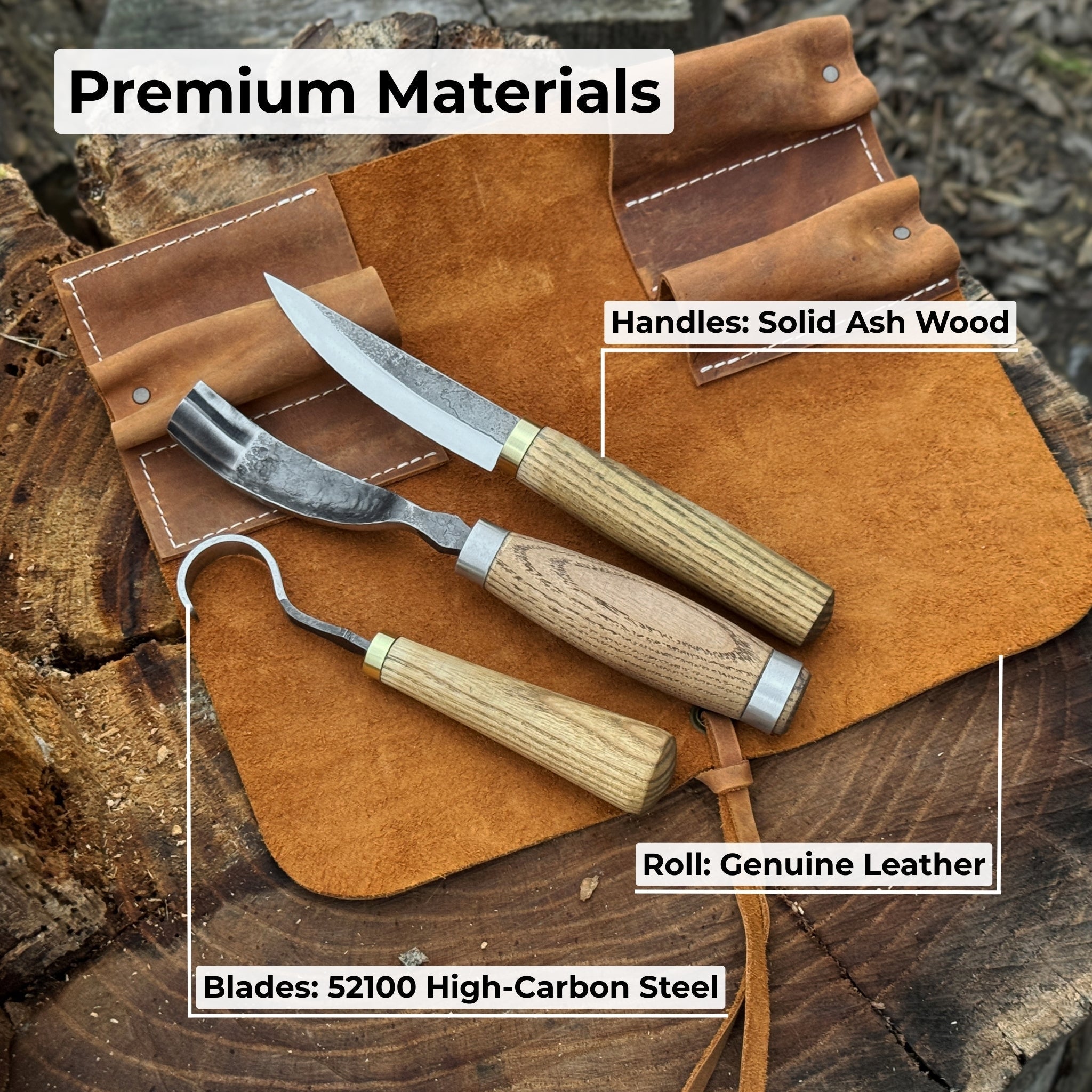 3-piece spoon carving tool set with hand-forged steel blades and ash wood handles