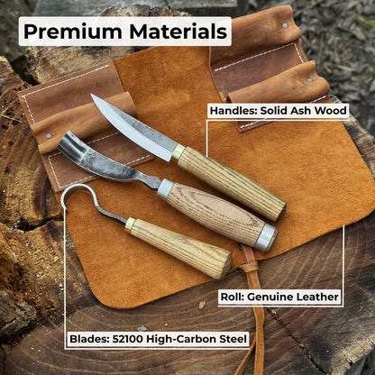 3-piece spoon carving tool set with hand-forged steel blades and ash wood handles