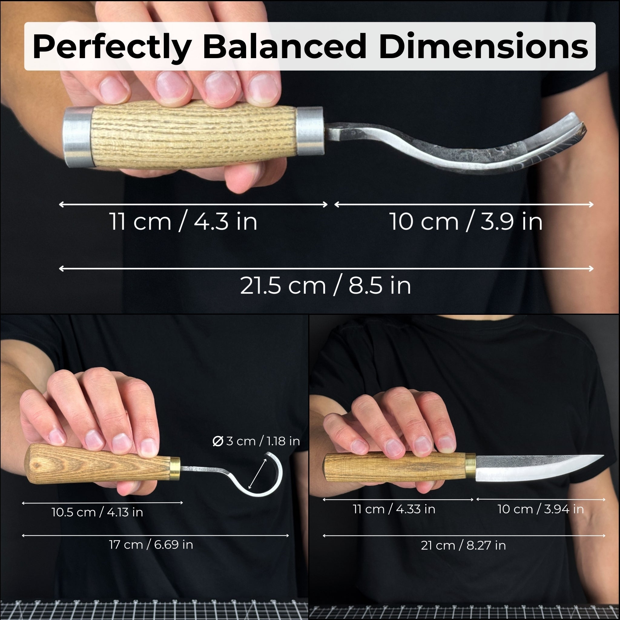 3-piece spoon carving tool set with hand-forged steel blades and ash wood handles