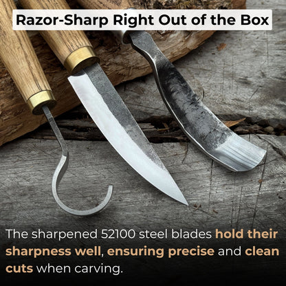 3-piece spoon carving tool set with hand-forged steel blades and ash wood handles