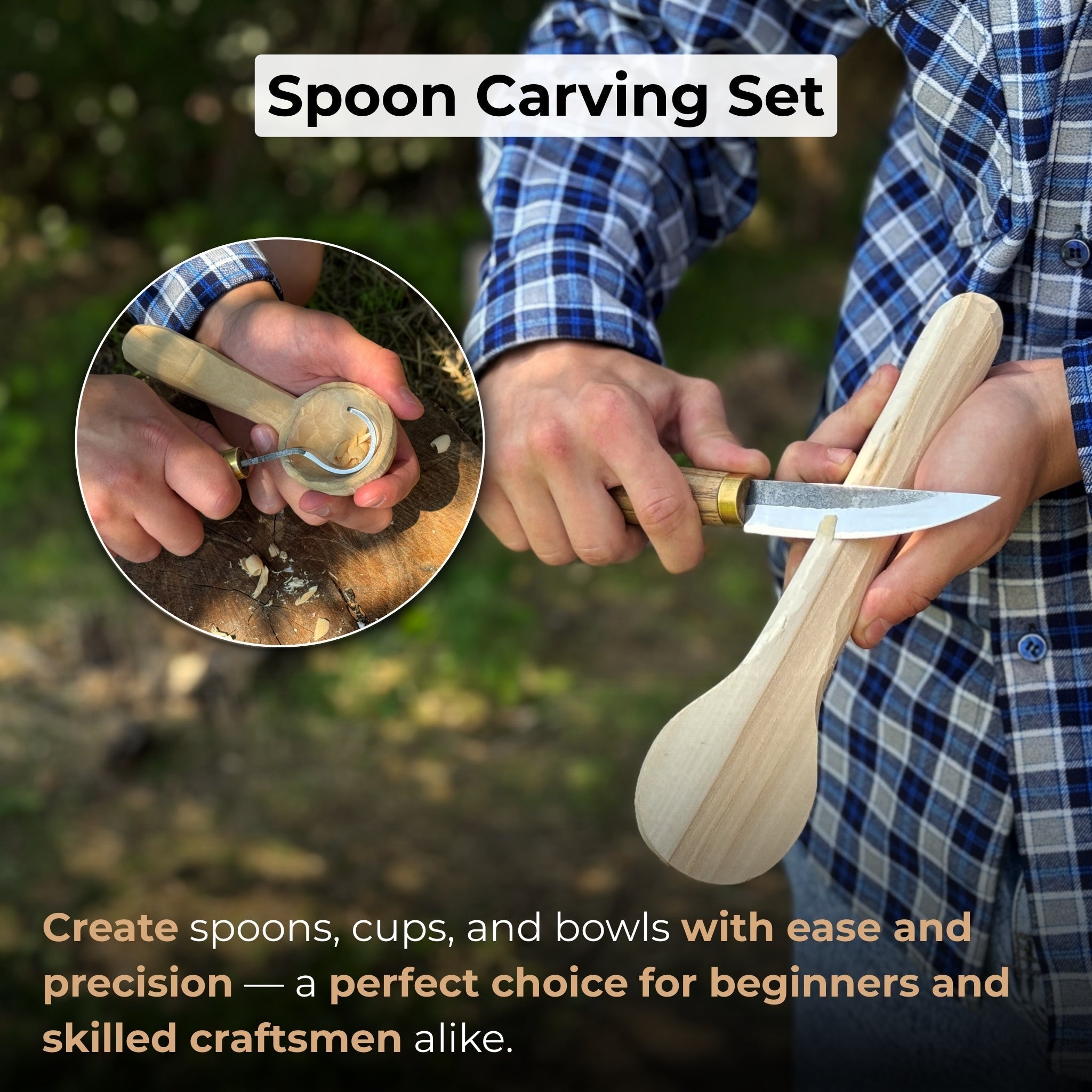 3-piece spoon carving tool set with hand-forged steel blades and ash wood handles