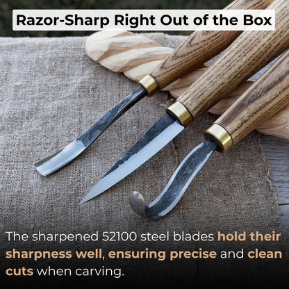 3-piece spoon carving tool set with sharpening board and leather case by Sharky Forged Steel Tools