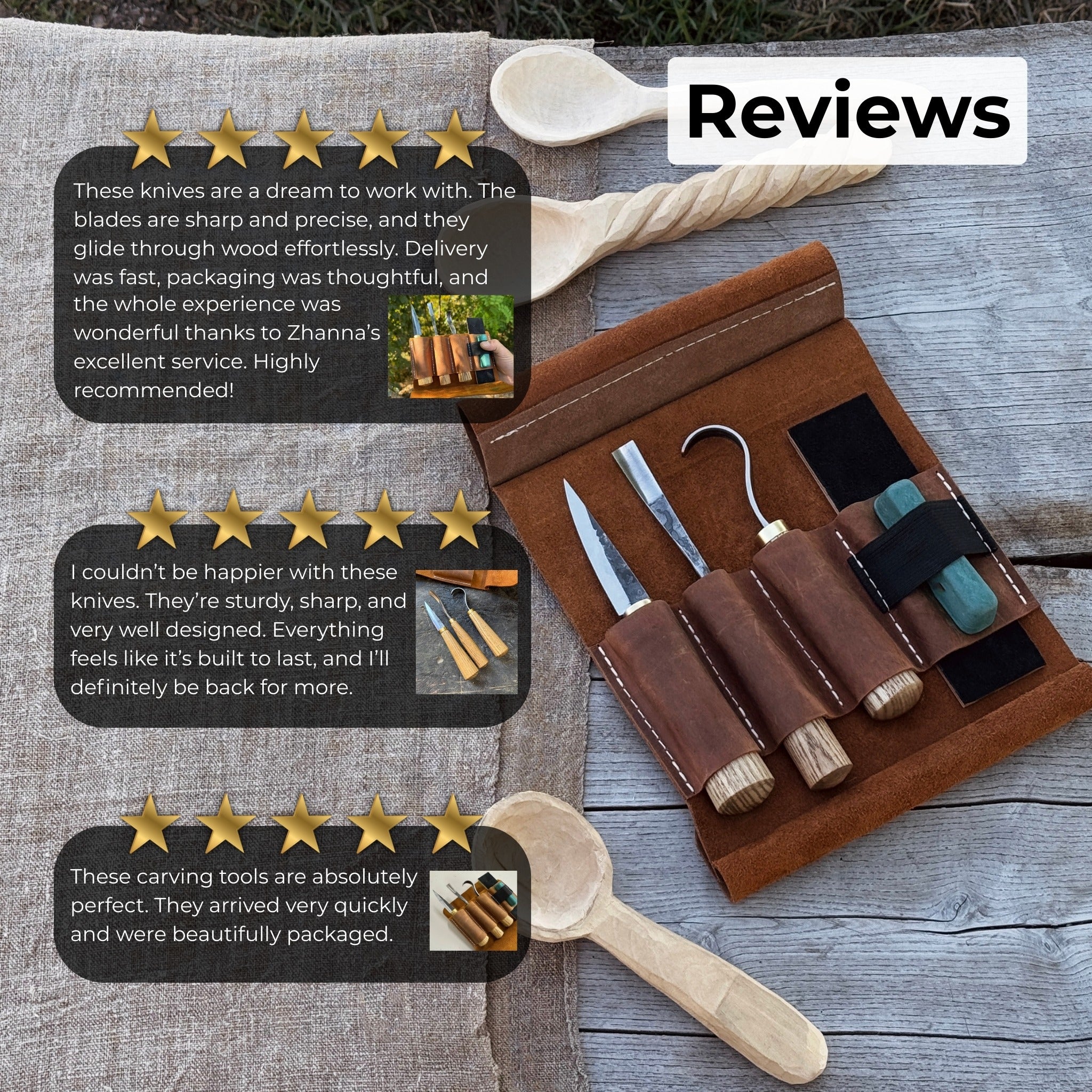 3-piece spoon carving tool set with sharpening board and leather case by Sharky Forged Steel Tools