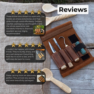 3-piece spoon carving tool set with sharpening board and leather case by Sharky Forged Steel Tools