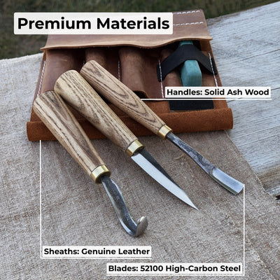 3-piece spoon carving tool set with sharpening board and leather case by Sharky Forged Steel Tools