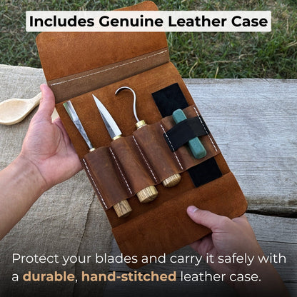 3-piece spoon carving tool set with sharpening board and leather case by Sharky Forged Steel Tools