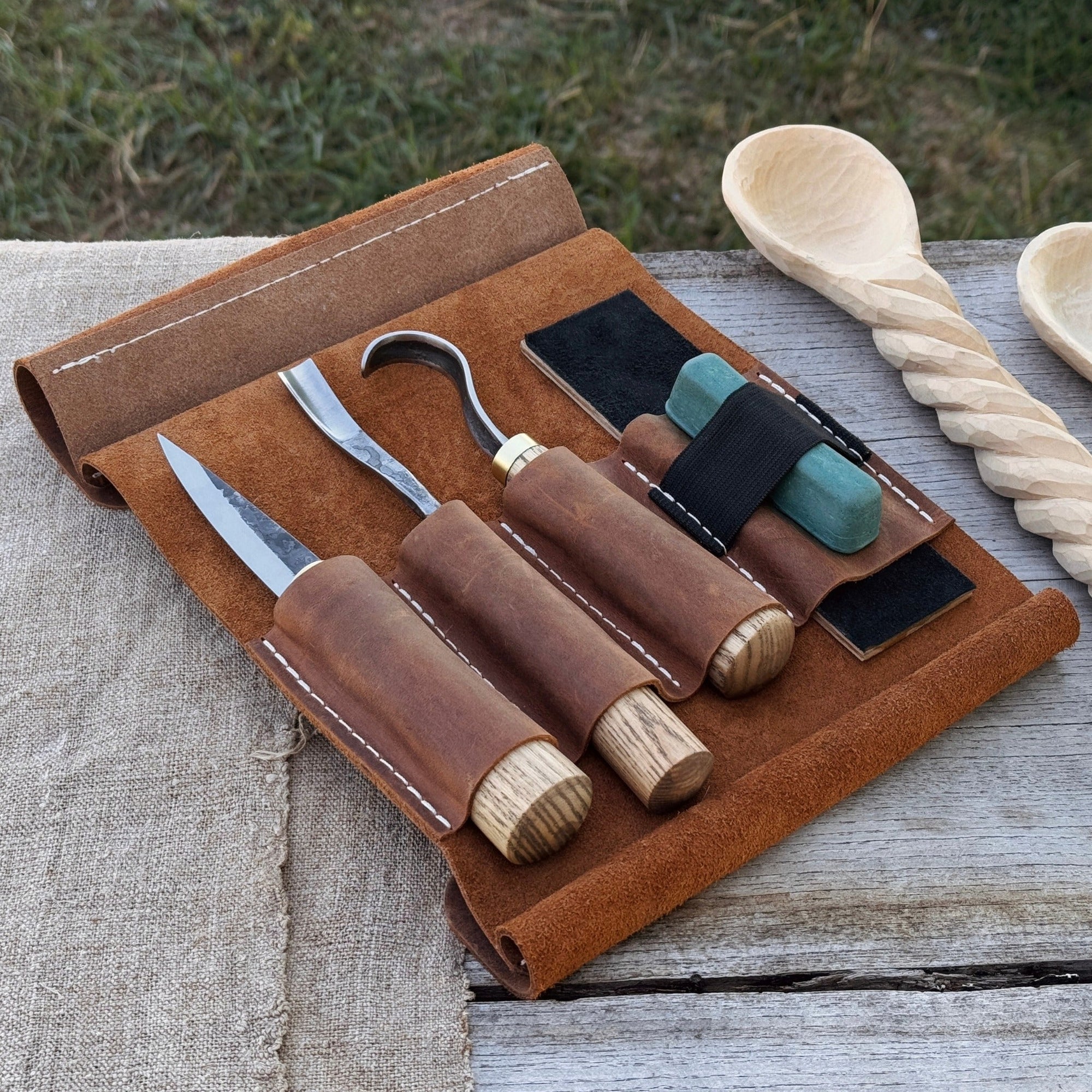 3-piece spoon carving tool set with sharpening board and leather case by Sharky Forged Steel Tools