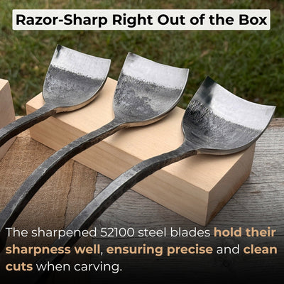 3-Piece Spoon Short Bent Gouge Set with hand-forged carbon steel blades and ash wood handles