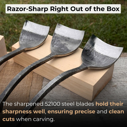 3-Piece Spoon Short Bent Gouge Set with hand-forged carbon steel blades and ash wood handles