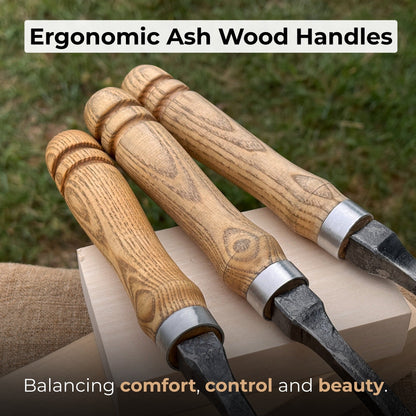 3-Piece Spoon Short Bent Gouge Set with hand-forged carbon steel blades and ash wood handles