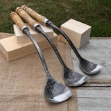 3-Piece Spoon Short Bent Gouge Set with hand-forged carbon steel blades and ash wood handles