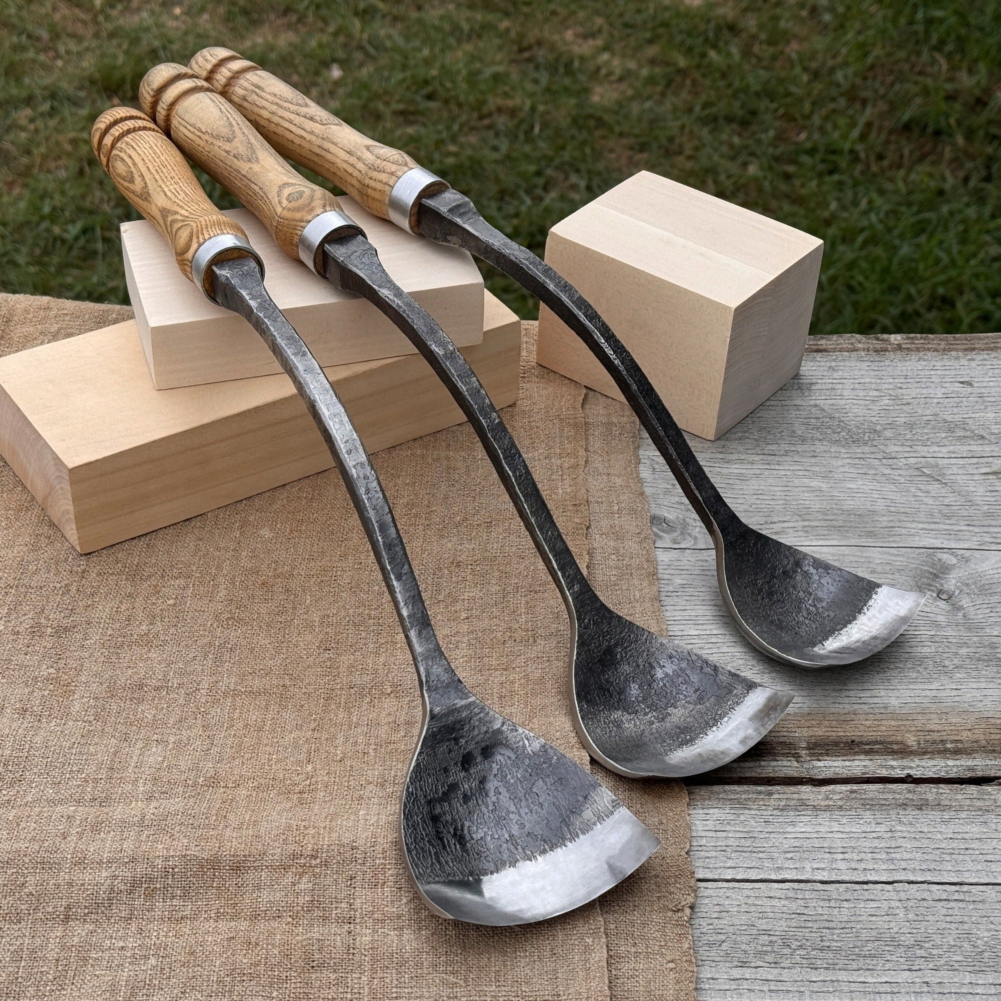 3-Piece Spoon Short Bent Gouge Set with hand-forged carbon steel blades and ash wood handles