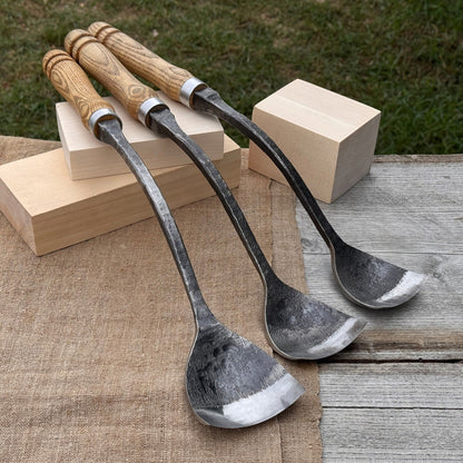 3-Piece Spoon Short Bent Gouge Set with hand-forged carbon steel blades and ash wood handles