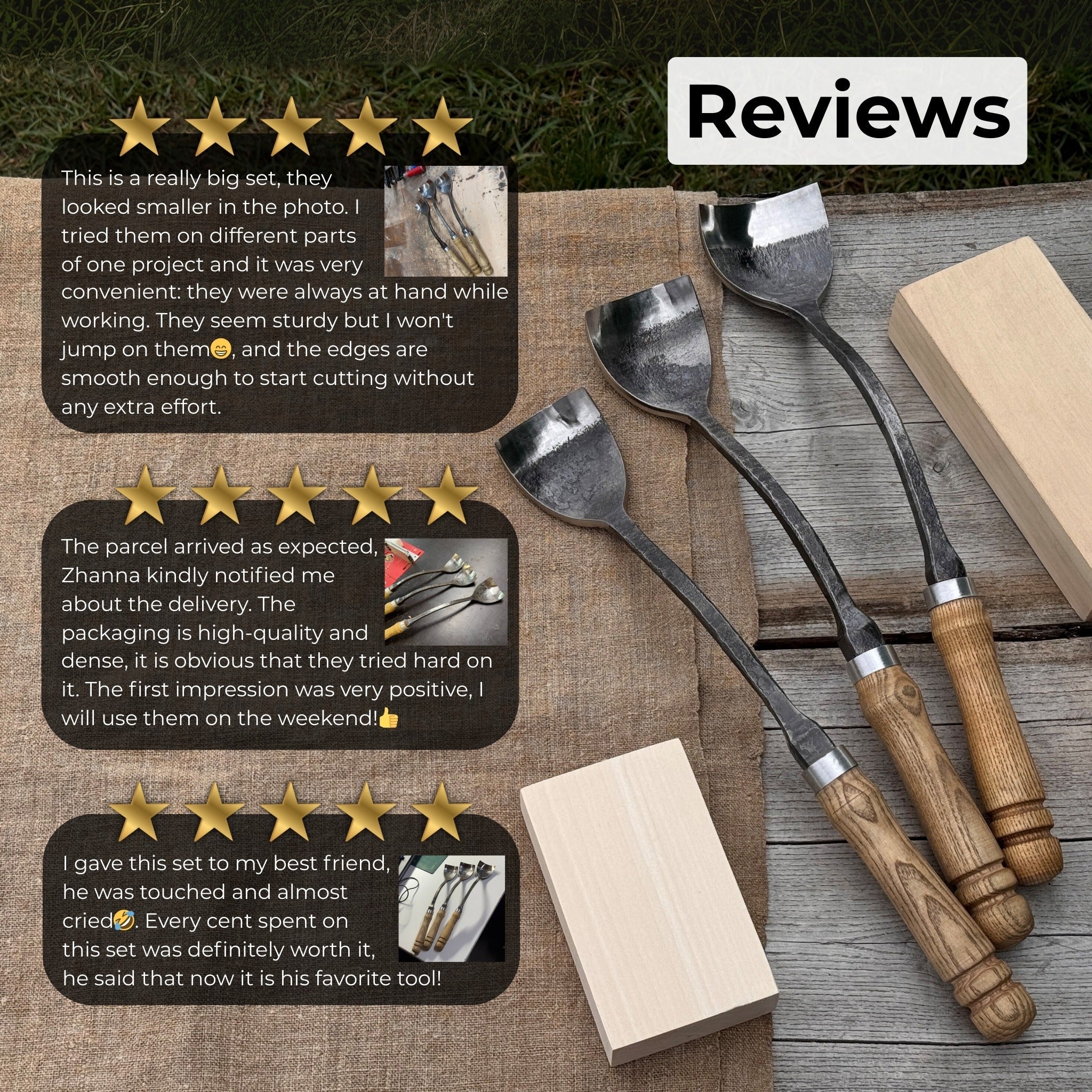 3-Piece Spoon Short Bent Gouge Set with hand-forged carbon steel blades and ash wood handles
