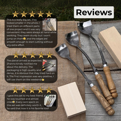3-Piece Spoon Short Bent Gouge Set with hand-forged carbon steel blades and ash wood handles