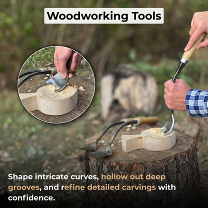 3-Piece Spoon Short Bent Gouge Set with hand-forged carbon steel blades and ash wood handles