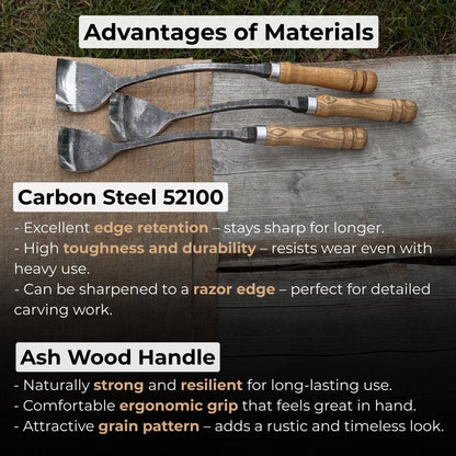 3-Piece Spoon Short Bent Gouge Set with hand-forged carbon steel blades and ash wood handles