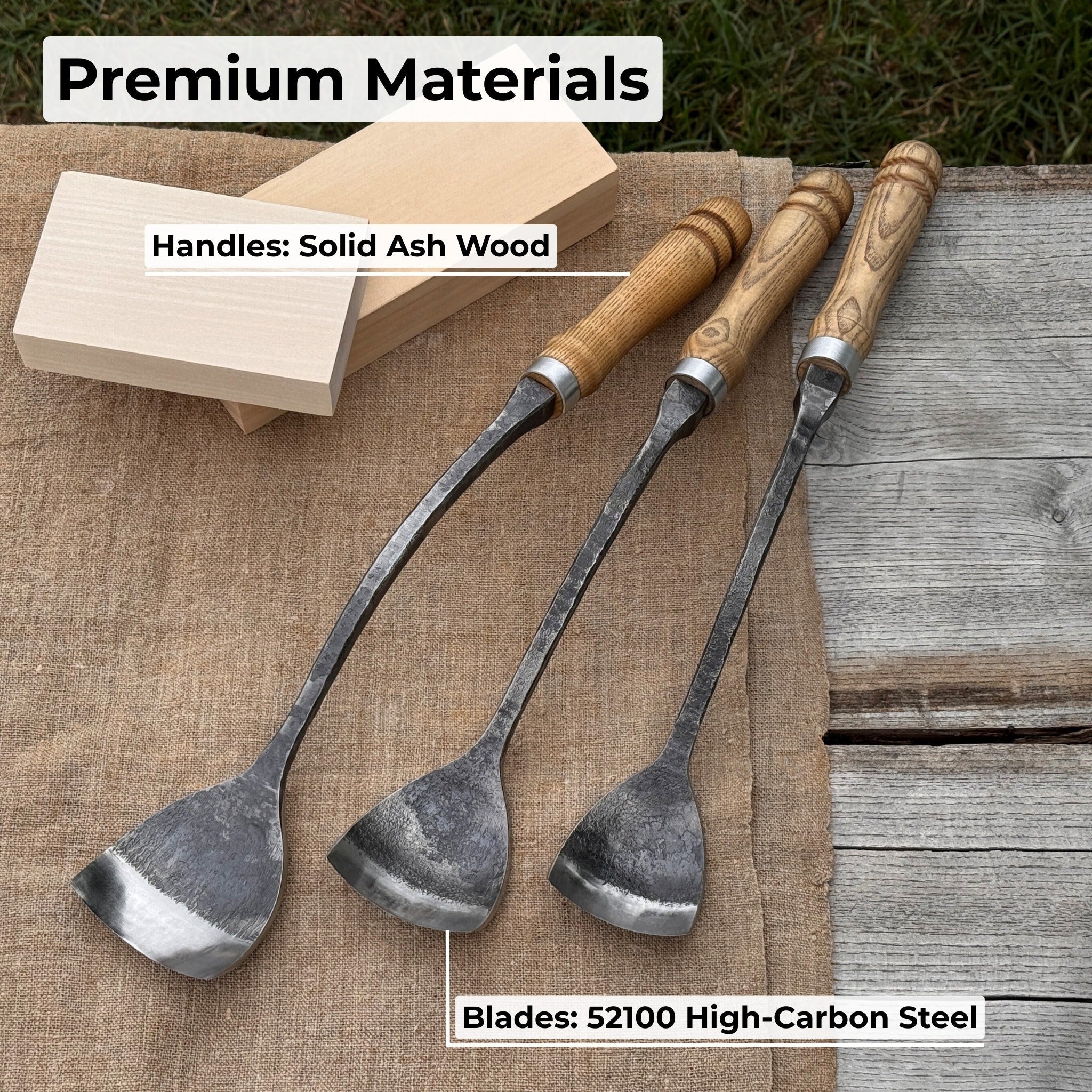 3-Piece Spoon Short Bent Gouge Set with hand-forged carbon steel blades and ash wood handles