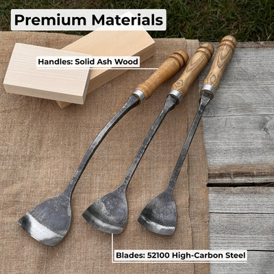 3-Piece Spoon Short Bent Gouge Set with hand-forged carbon steel blades and ash wood handles