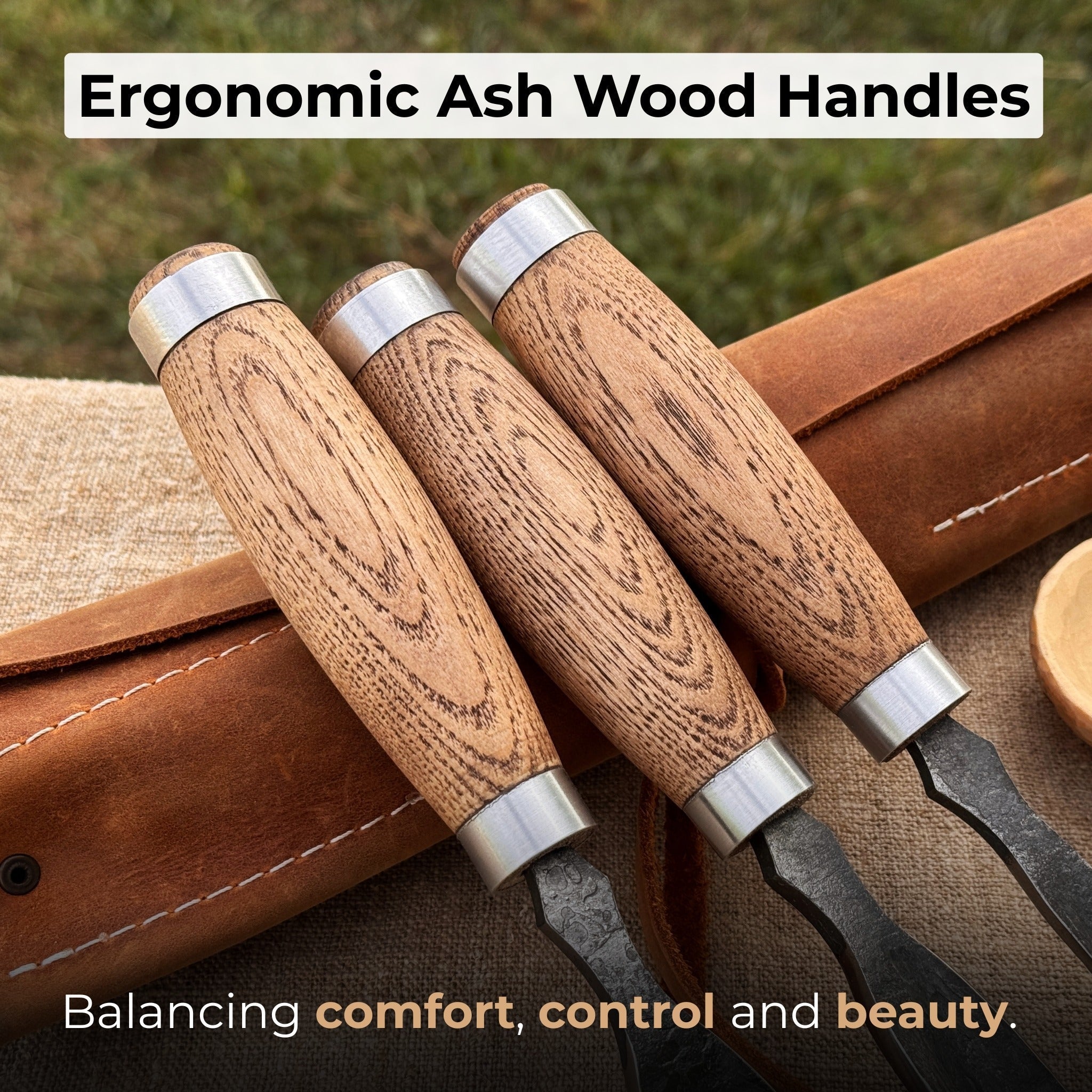 3-Piece Straight Rounded Chisel Set with ash wood handles and carbon steel blades