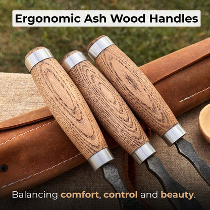 3-Piece Straight Rounded Chisel Set with ash wood handles and carbon steel blades