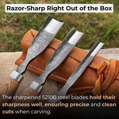 3-Piece Straight Rounded Chisel Set with ash wood handles and carbon steel blades
