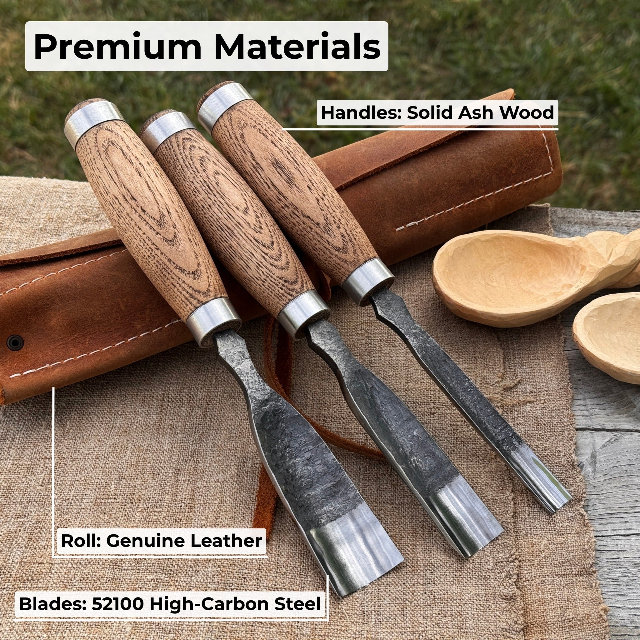 3-Piece Straight Rounded Chisel Set with ash wood handles and carbon steel blades