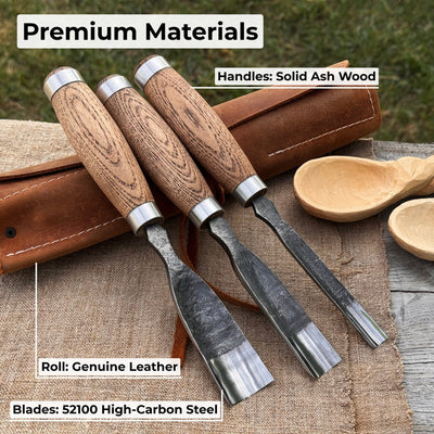 3-Piece Straight Rounded Chisel Set with ash wood handles and carbon steel blades