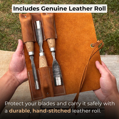 3-Piece Straight Rounded Chisel Set with ash wood handles and carbon steel blades