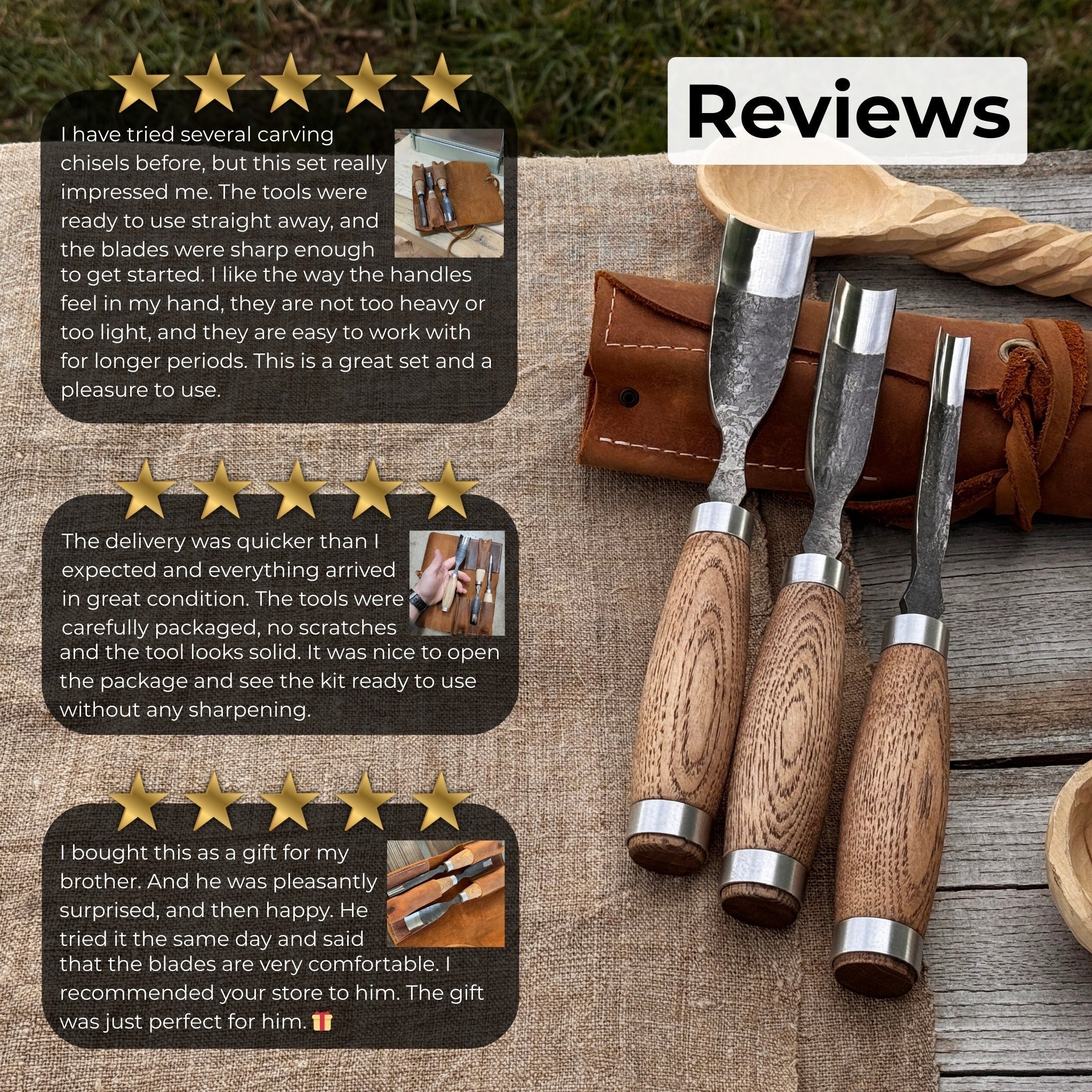 3-Piece Straight Rounded Chisel Set with ash wood handles and carbon steel blades