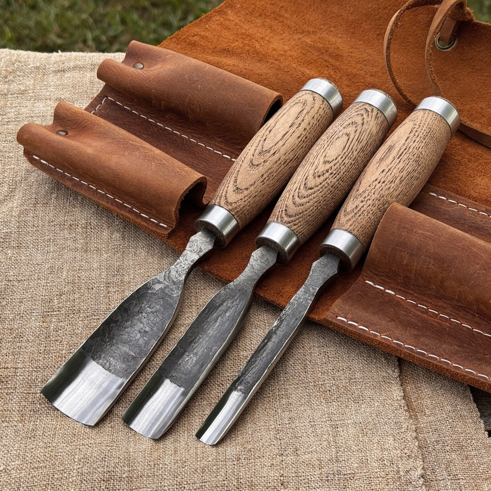 3-Piece Straight Rounded Chisel Set with ash wood handles and carbon steel blades