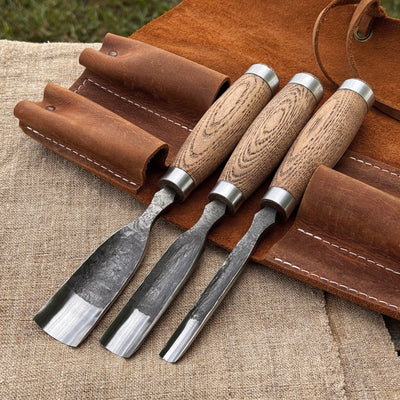 3-Piece Straight Rounded Chisel Set with ash wood handles and carbon steel blades