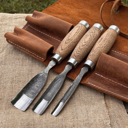 3-Piece Straight Rounded Chisel Set with ash wood handles and carbon steel blades