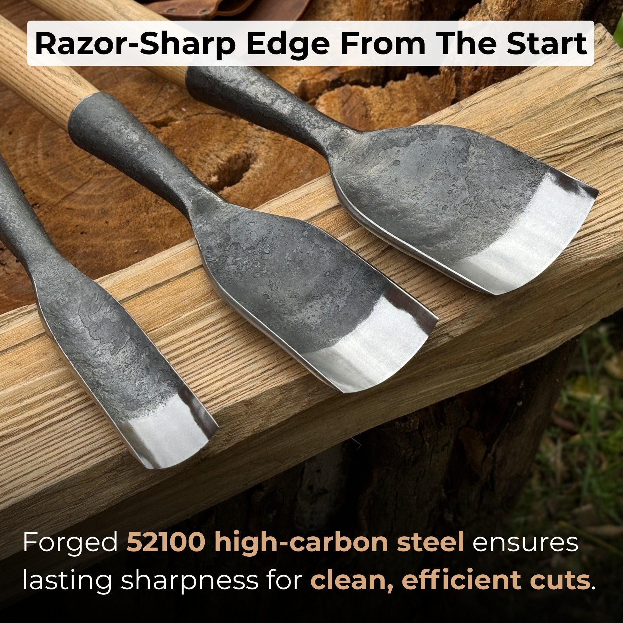 3-piece hand-forged timber framing rounded chisel set with ash handles and steel blades