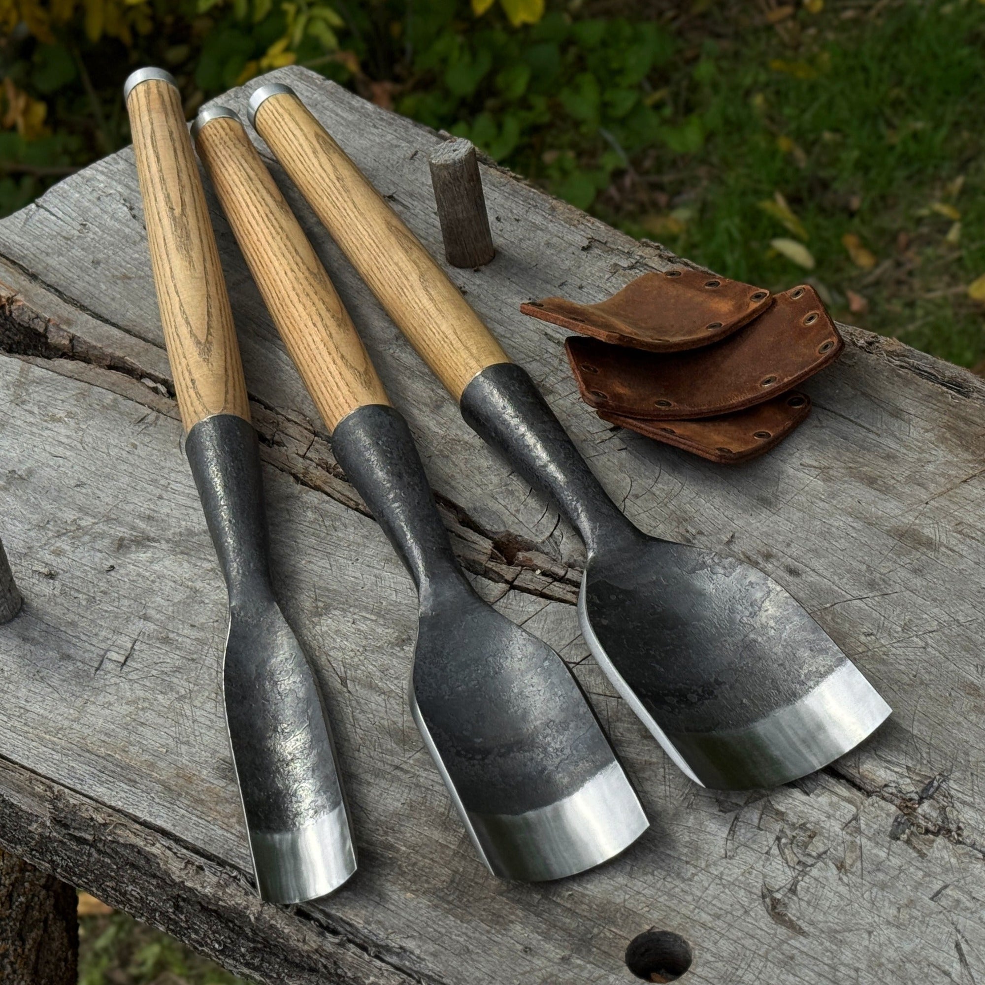 3-piece hand-forged timber framing rounded chisel set with ash handles and steel blades