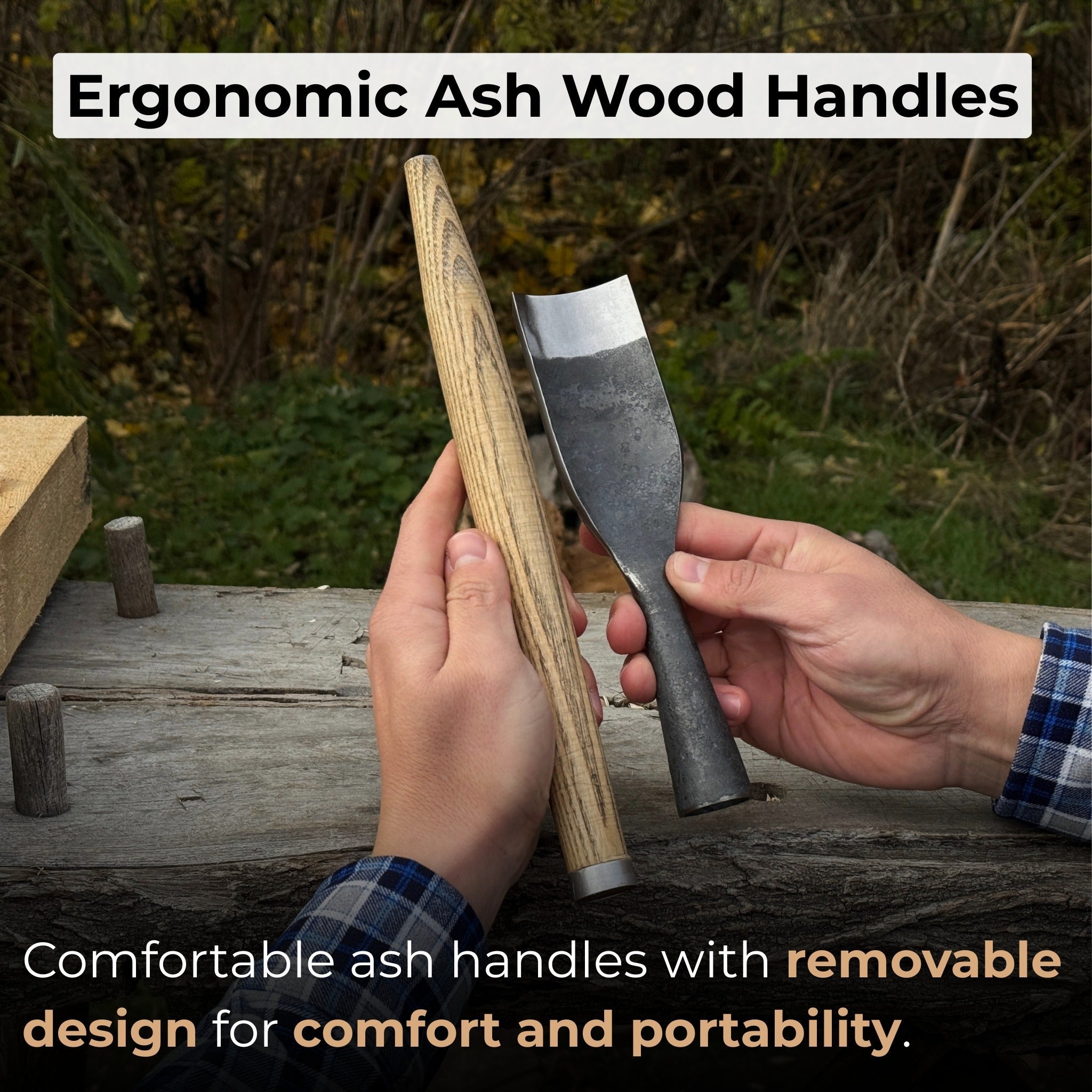 3-piece hand-forged timber framing rounded chisel set with ash handles and steel blades