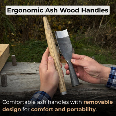 3-piece hand-forged timber framing rounded chisel set with ash handles and steel blades