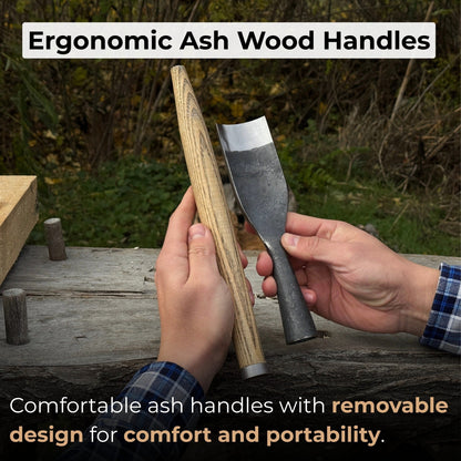 3-piece hand-forged timber framing rounded chisel set with ash handles and steel blades