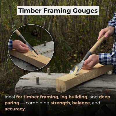 3-piece hand-forged timber framing rounded chisel set with ash handles and steel blades