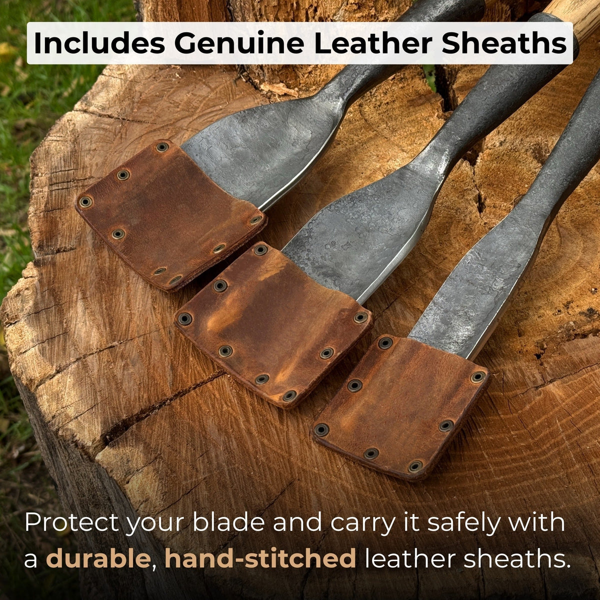 3-piece hand-forged timber framing rounded chisel set with ash handles and steel blades