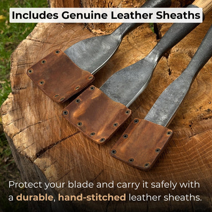 3-piece hand-forged timber framing rounded chisel set with ash handles and steel blades