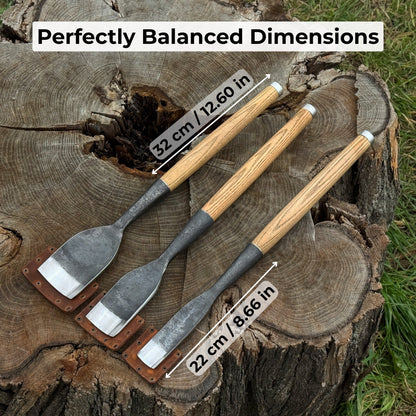 3-piece hand-forged timber framing rounded chisel set with ash handles and steel blades