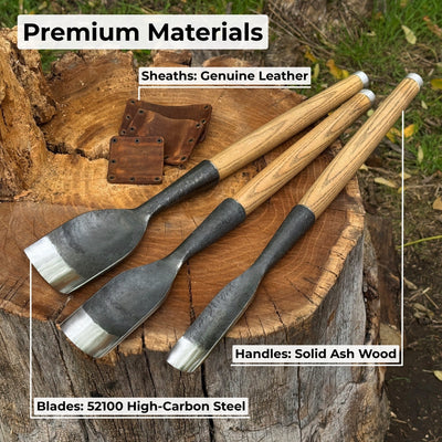 3-piece hand-forged timber framing rounded chisel set with ash handles and steel blades