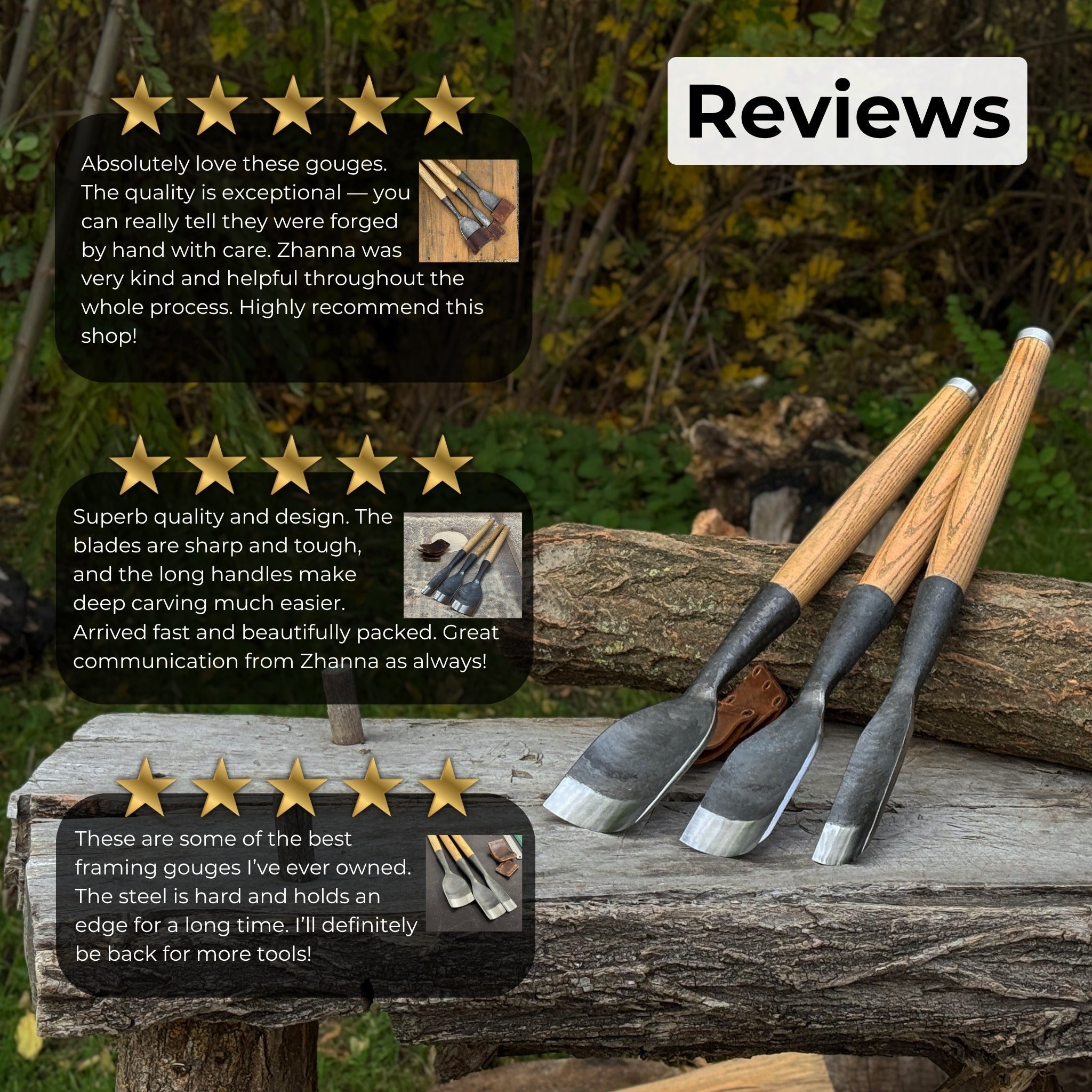 3-piece hand-forged timber framing rounded chisel set with ash handles and steel blades
