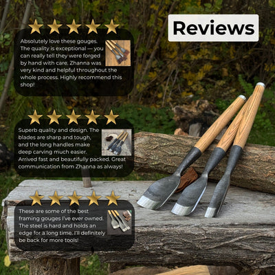 3-piece hand-forged timber framing rounded chisel set with ash handles and steel blades