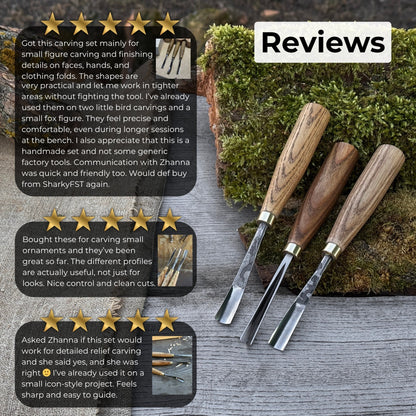 3-piece wood carving chisel and gouge set with ash wood handles and forged steel blades