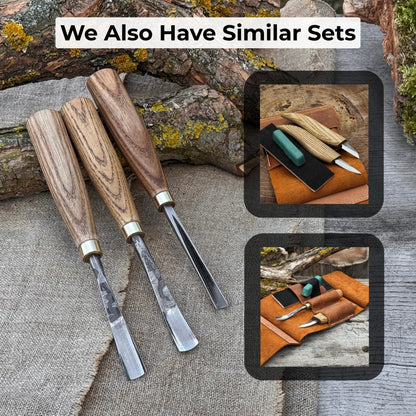 3-piece wood carving chisel and gouge set with ash wood handles and forged steel blades