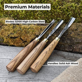 3-piece wood carving chisel and gouge set with ash wood handles and forged steel blades