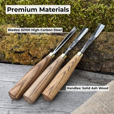 3-piece wood carving chisel and gouge set with ash wood handles and forged steel blades