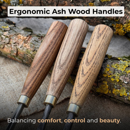 3-piece wood carving chisel and gouge set with ash wood handles and forged steel blades